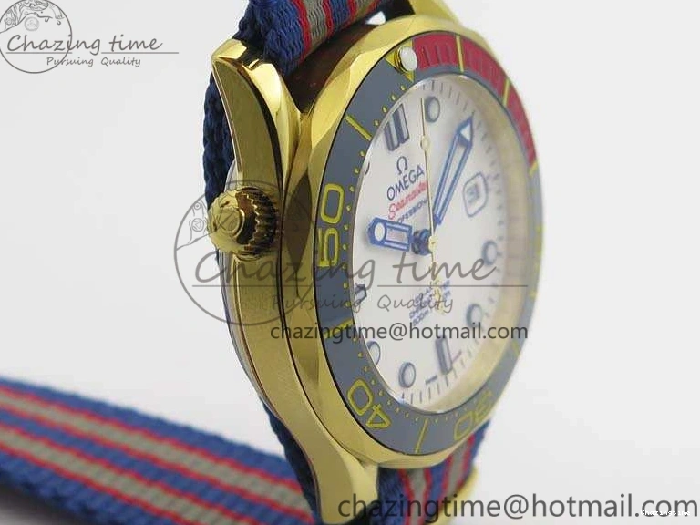 0327 Modern Seamaster 300M 007 YG URF 1:1 Best Edition White Dial Ceramic Bezel On Nylon Strap A 8115